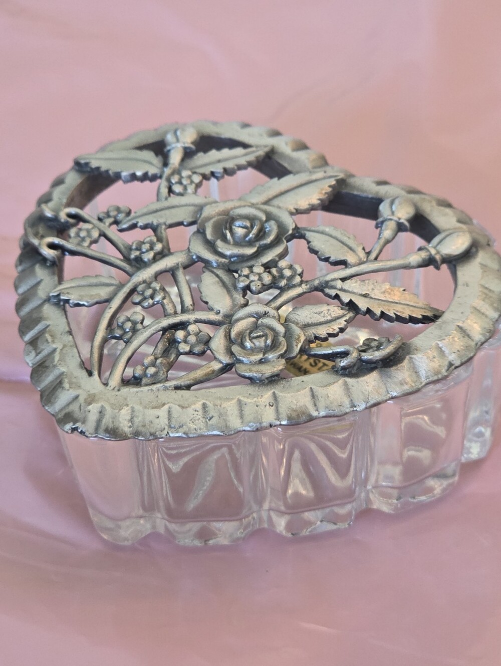 Vintage 1988 Crystal Heart Trinket Box Filigree Rose Pewter Lid